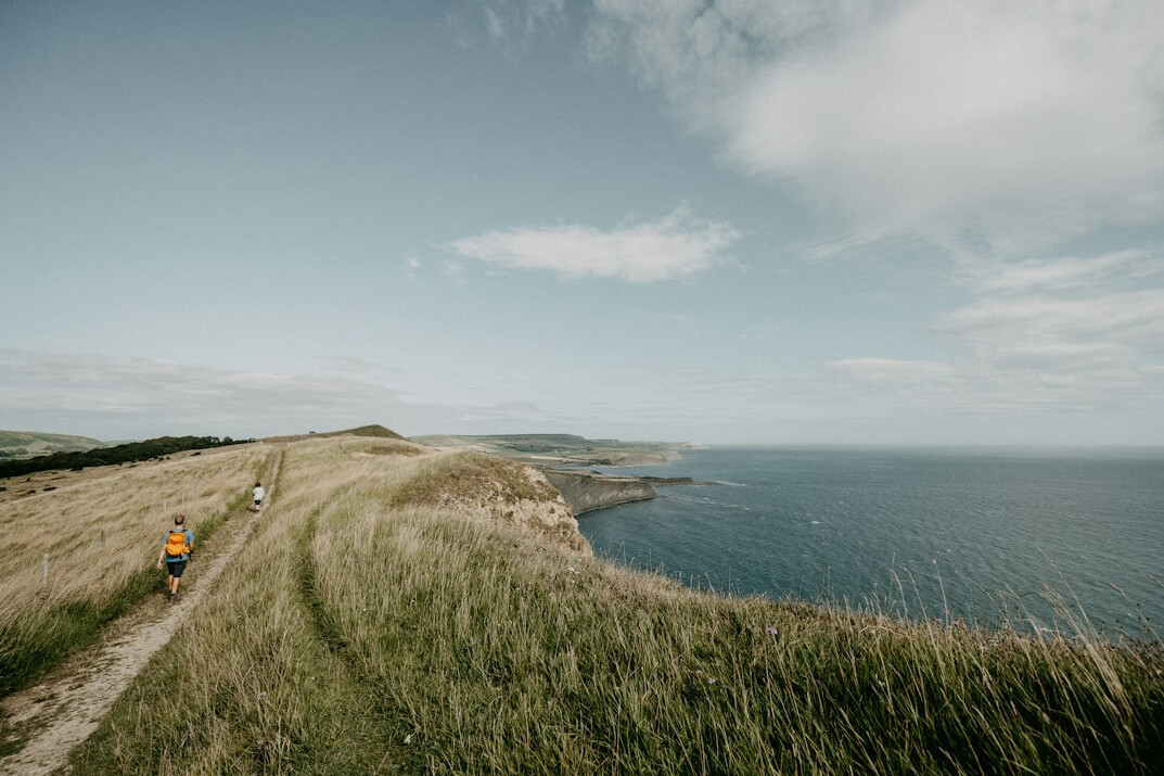 person walking on path towards horizon